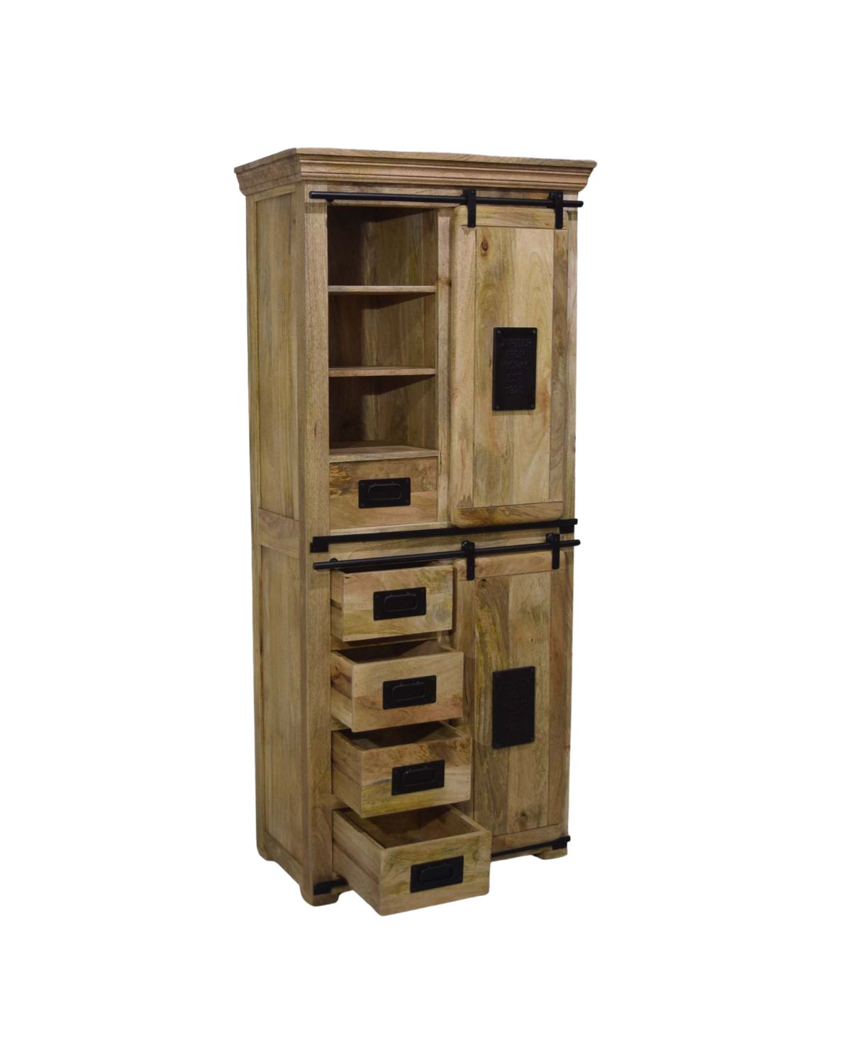 10 Rustic Industrial Tall Sideboard with Sliding Doors & Storage Drawers - Image 1