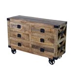 Industrial Mango Wood 6-Drawer Sideboard on Wheels