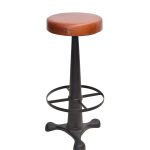 Industrial Cast Iron Bar Stool with Leather Seat