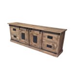 Rustic Solid Wood TV Cabinet with Dual Sliding Doors & Storage Drawers