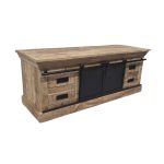 Industrial Solid Wood TV Cabinet with Dual Metal Sliding Doors & Storage Drawers