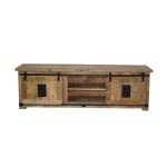 Solid Wood TV Cabinet with Dual Sliding Barn Doors & Open Shelf Storage
