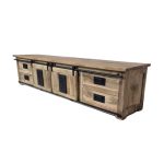 Rustic Solid Wood TV Cabinet with Sliding Doors & Multi-Drawer Storage