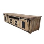 Industrial Rustic Solid Wood TV Cabinet with Sliding Doors & Drawer Storage