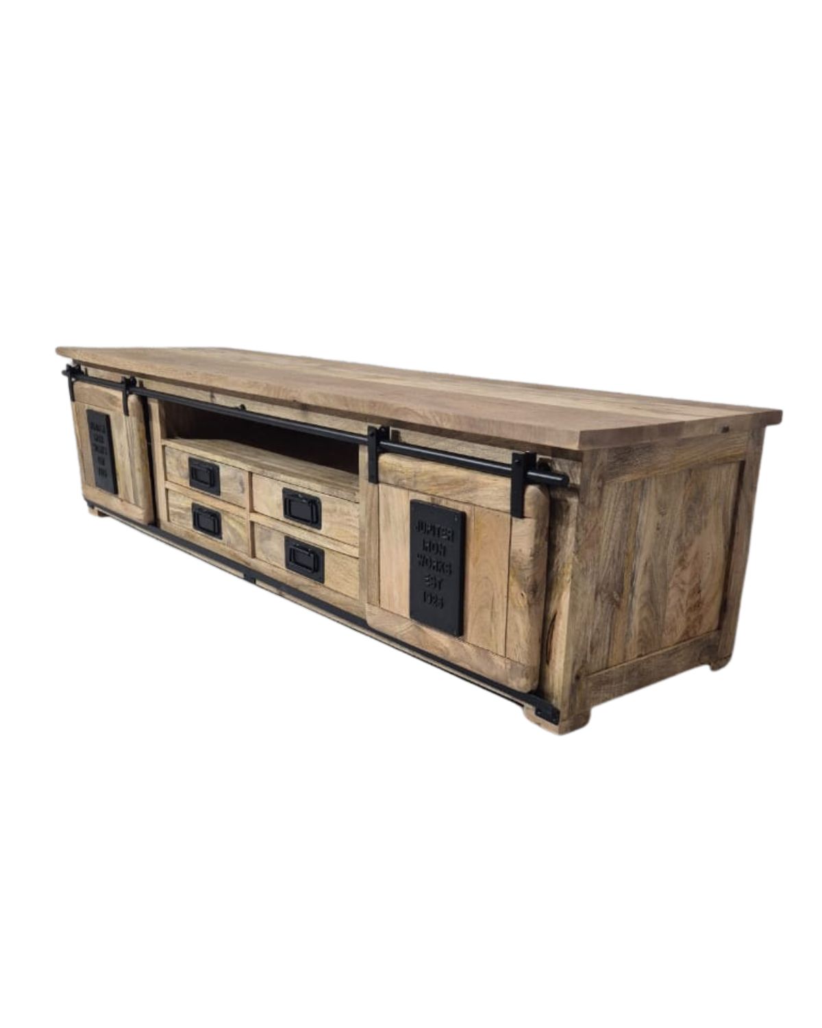 302 Industrial Rustic Solid Wood TV Cabinet with Sliding Doors & Drawer Storage - Image 1