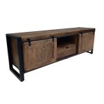 Modern Industrial Solid Wood TV Cabinet with Sliding Doors & Metal Frame