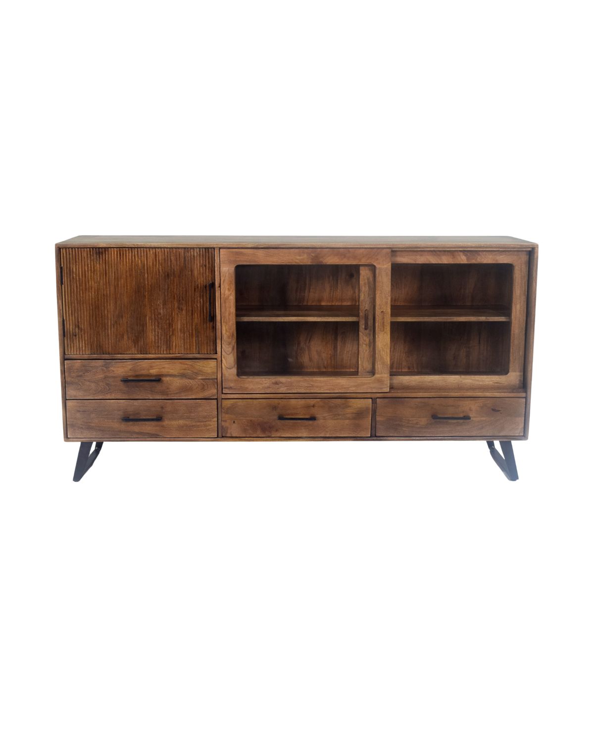 304 Urban Modern Solid Wood TV Cabinet with Glass Sliding Doors & Multi-Drawer Storage - Image 1