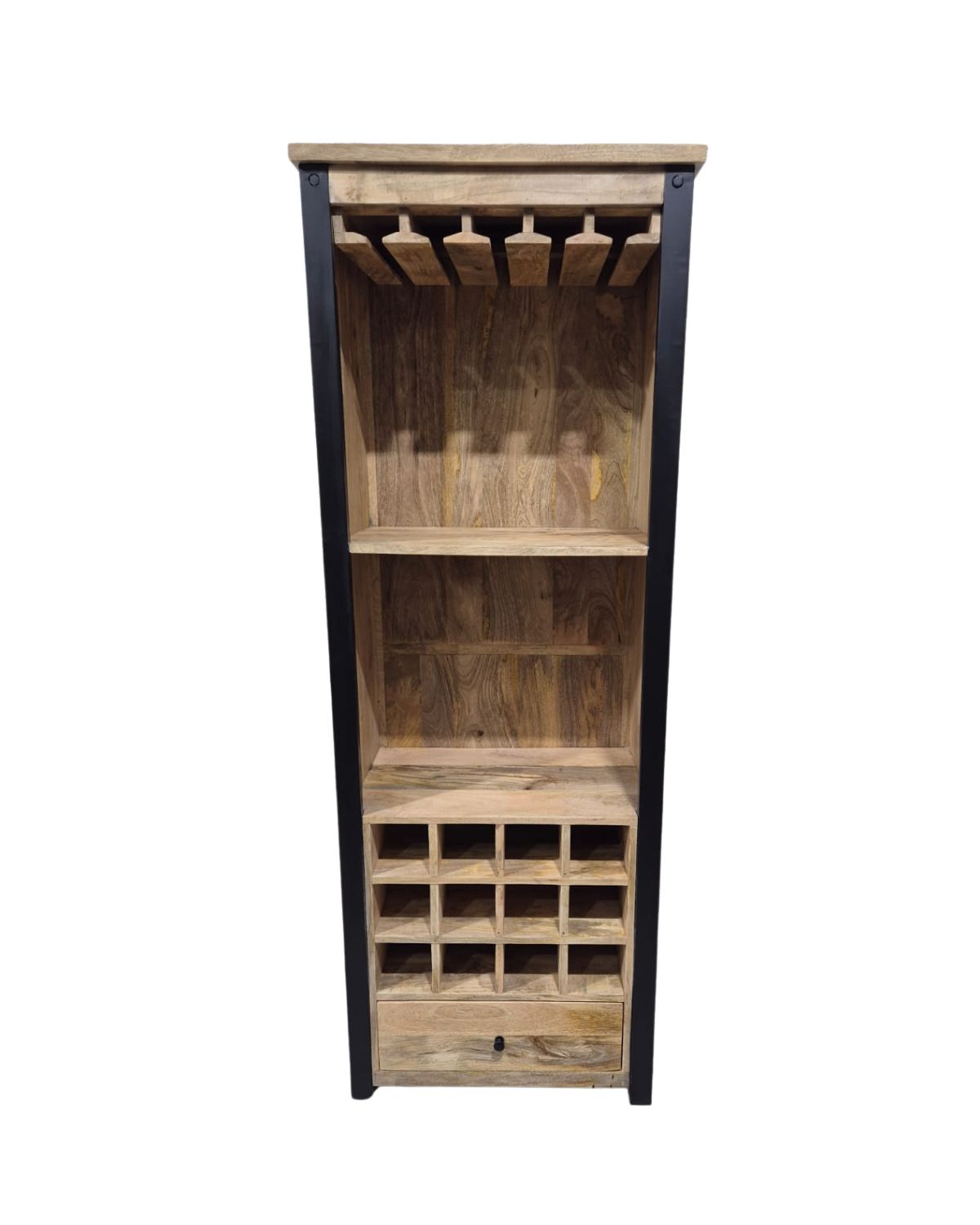 70 Industrial Mango Wood Wine Cabinet with Glass Rack - Image 1