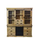 Industrial Sliding Door Buffet with Glass Display & Drawer Storage