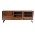 Mid-Century Solid Wood TV Cabinet with Ribbed Door & Glass Display Shelves