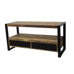 Industrial Solid Wood TV Console with Open Shelves & Dual Metal Drawers