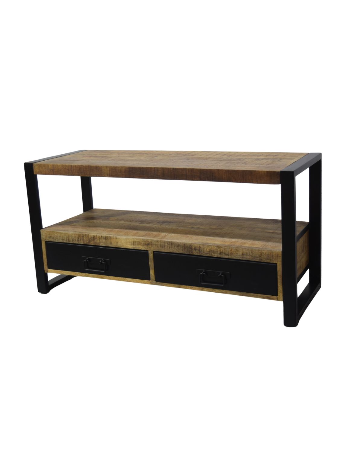 306 Industrial Solid Wood TV Console with Open Shelves & Dual Metal Drawers - Image 1