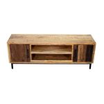 Rustic Solid Wood TV Cabinet with Dual Sliding Doors & Open Shelves