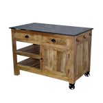 Mango Wood Kitchen Island with Black Marble Top & Storage