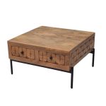 Solid Mango Wood Square Coffee Table with Carved Drawers & Iron Legs