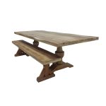 Solid Mango Wood Pedestal Dining Table Set with Matching Benches