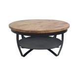 Round Industrial Coffee Table with Mango Wood Top & Metal Storage Shelf